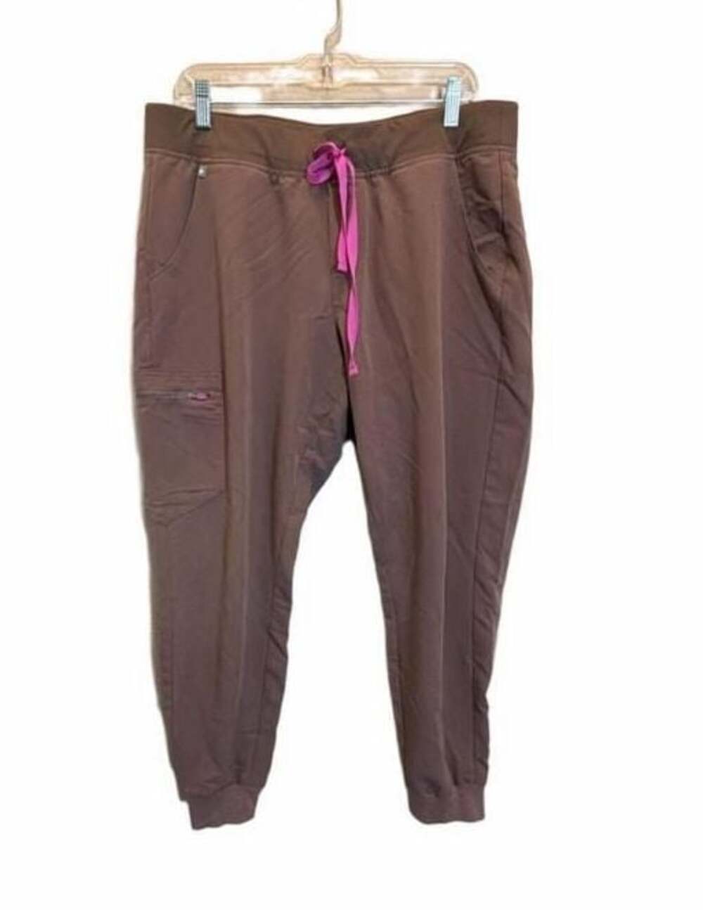 FIGS Zamora High Waisted Jogger Scrub Pants Brown Taupe with Pink Drawstring
